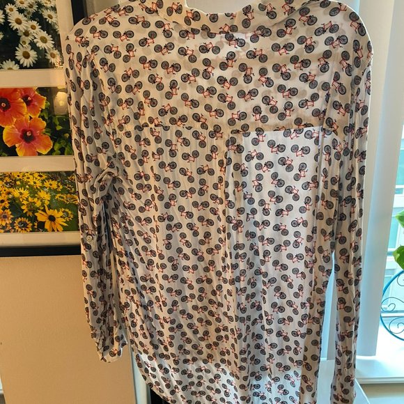 Anthropologie White & Orange Bikes Button-Down Blouse Shirt Jane and Delancey M - Picture 4 of 4